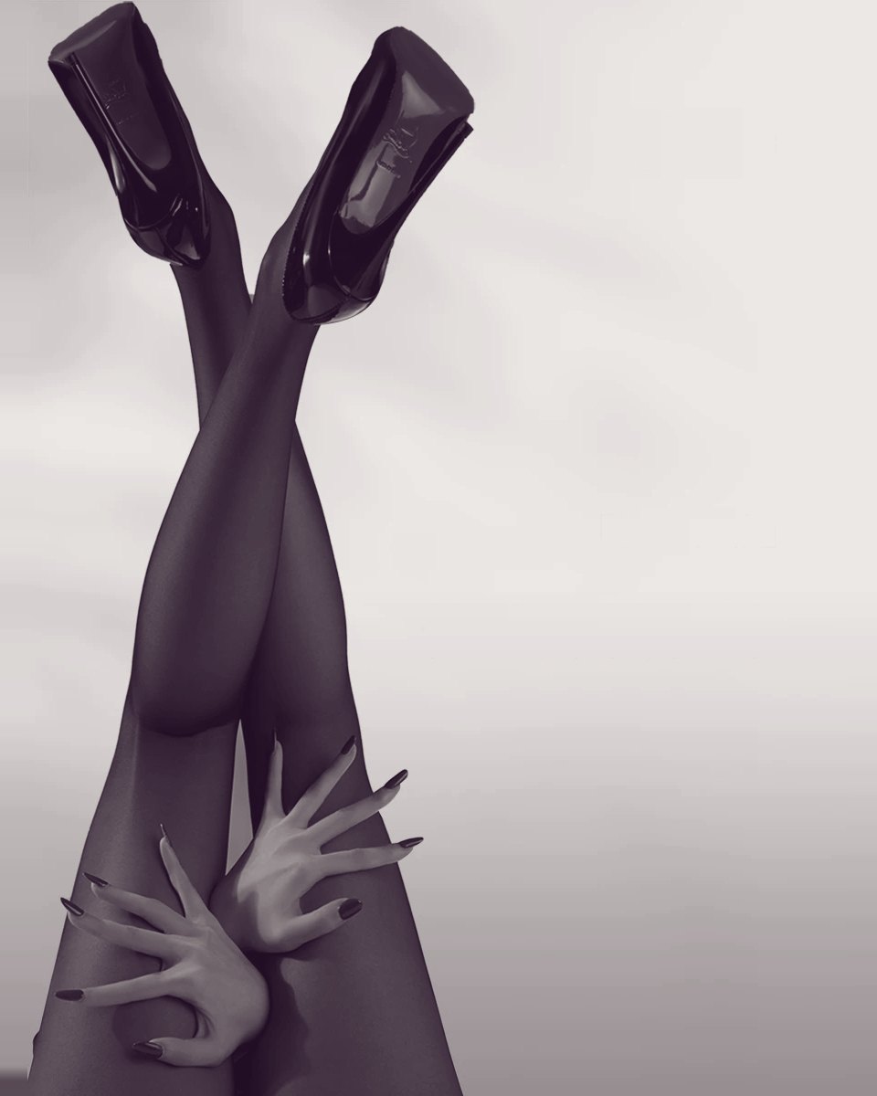 LING Cloud Satin 0.2D — legs raised and crossed in ultra-sheer black, patent heels, hands at the thigh; toned black and white