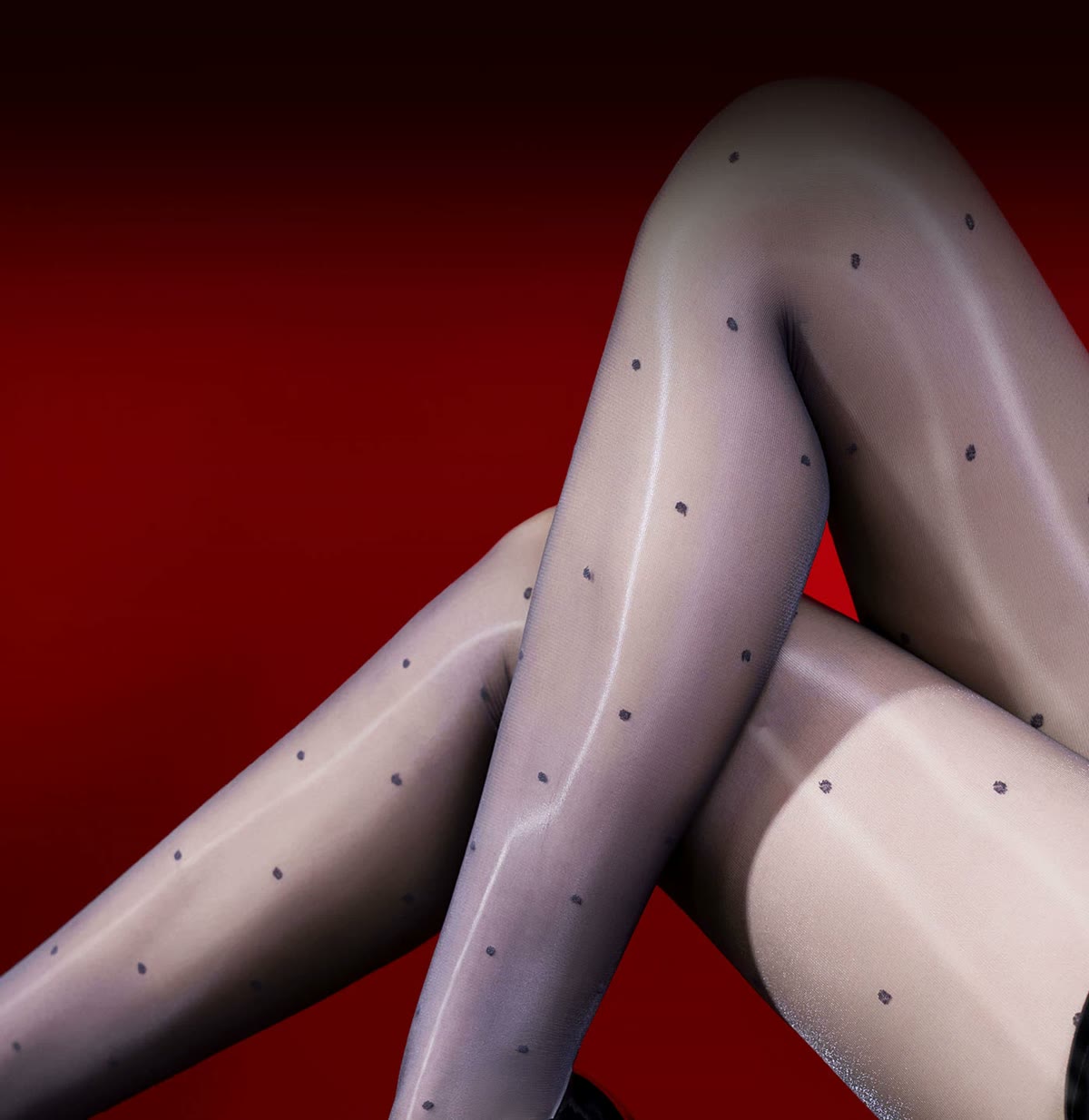 JIRUN glossy polka dot tights — crossed legs against red